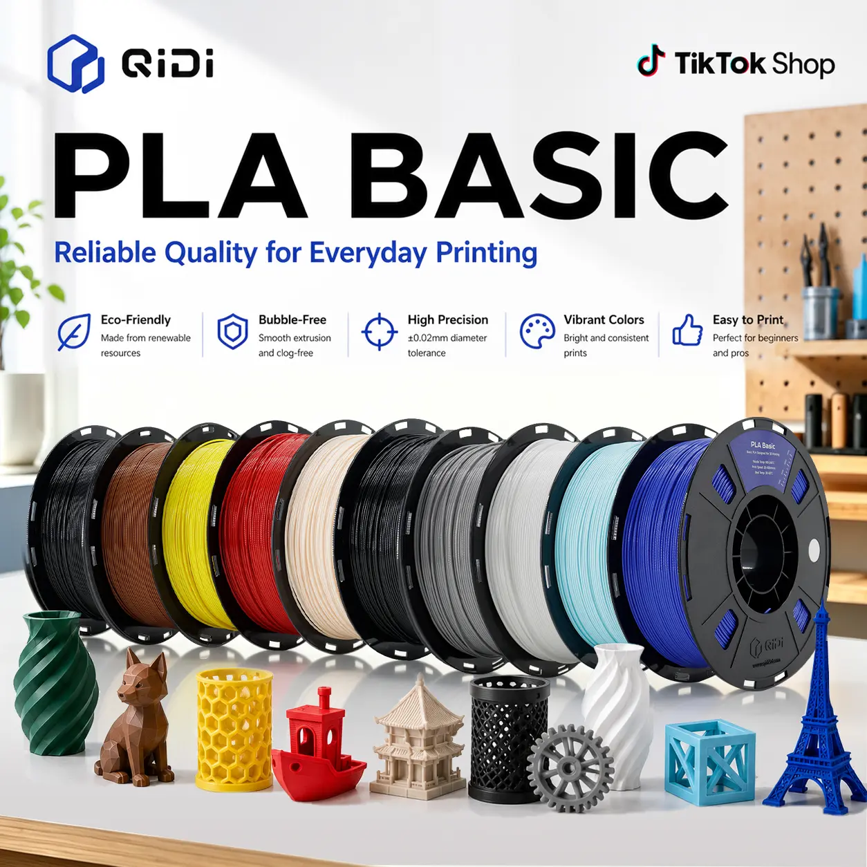 QIDI PLA Basic 3D Printer Filament, 1.75mm 1kg (2.2lbs) Spool, RFID Chip Auto Recognition, Easy-to-Print for Beginners, 300mm/s High-Speed, Compatible with Most FDM Printers, Cornstarch, Potato Starch