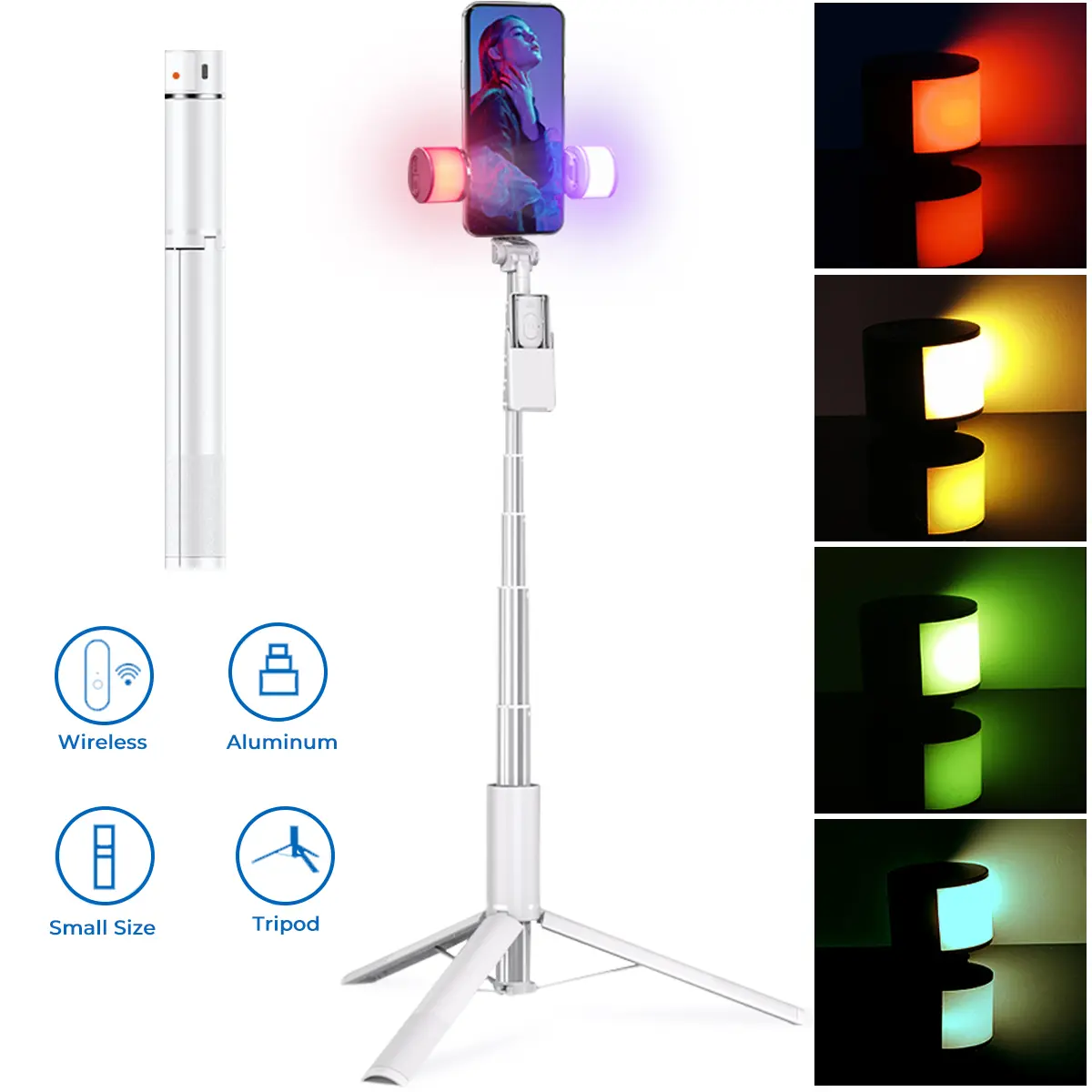 59" Foldable Adjustable Cellphone Smartphone Selfie Stick Tripod with Wireless Remotecontrol, Detachable Light, Sturdy Aluminum Stand & Holder for iPhone, Android - Travel Selfies, Video Recording