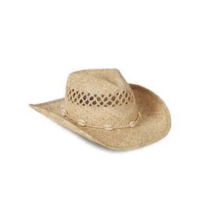 Lack of Color Seashells Cowboy – Handwoven Raffia Straw Cowboy Hat with Open Weave Detail, Flicked Brim, and Seashell Trim