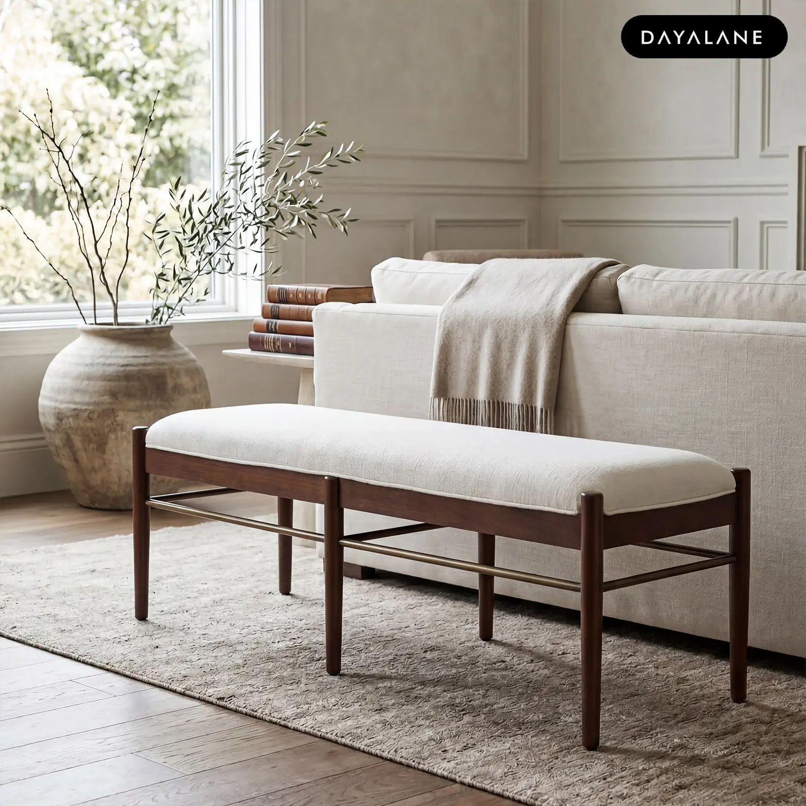 [SummerFinds]DAYALANE Ashby Modern Bench 52.5”×17“×16.5” PU/Linen, Entryway Bench, Rectangular Dining Room Seat, End of Bed Footstool