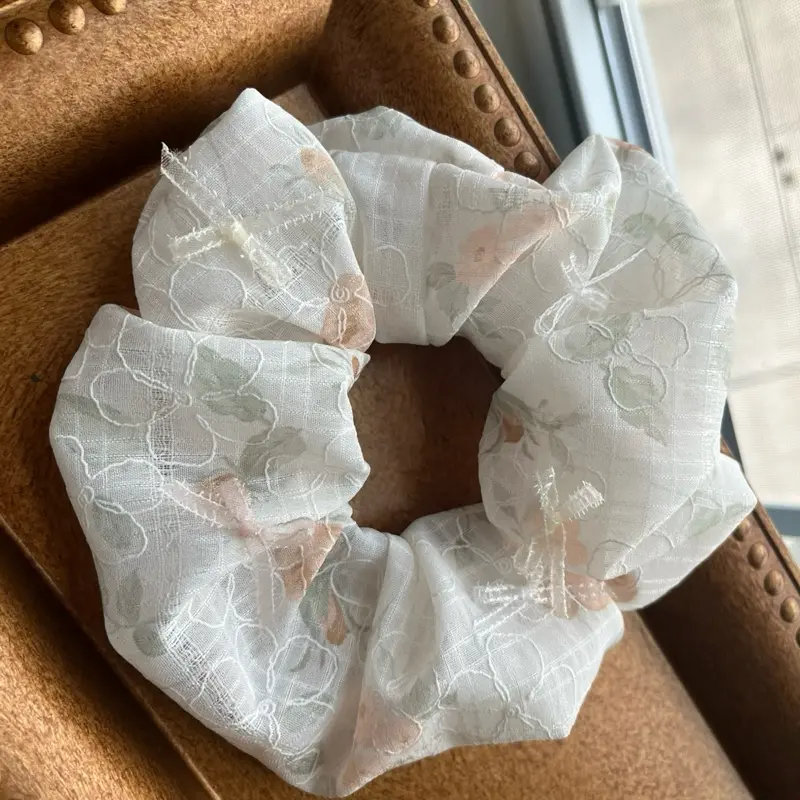 Artivelle Handmade Hair Scrunchie - Fairy Garden with Floral Design in White and Light Pink Colors