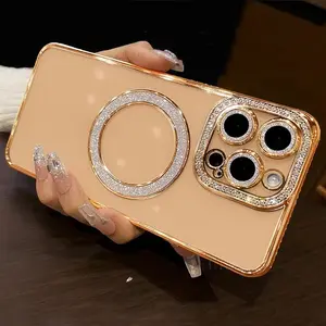 Clear Bling Crystal Phone Case For iPhone17 Air 17 Pro Max 17 16E 15 16 14 11 12 13 Pro Max Plus For Magsafe Magnetic Wireless Charging Lens Film Cover, Casing