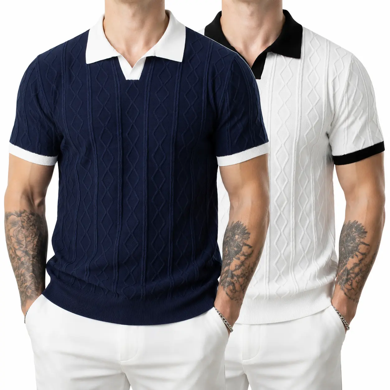 Men's Stylish Argyle Knit Short-Sleeve Polo Shirt - Menswear, Light Mature Style, Business Casual, Versatile, Breathable Summer Top, Shortsleeve
