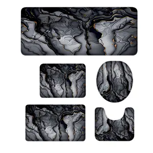 3/5Pcs Black Gold Marble Bathroom Rug Set, Luxury Abstract Fluid Art Non-Slip Absorbent Bath Mat, Toilet Lid Cover & U-Shaped Mat, Modern Bathroom Decor for Home, Elegant Marble Texture Accessory, Bathroom Floor Mat