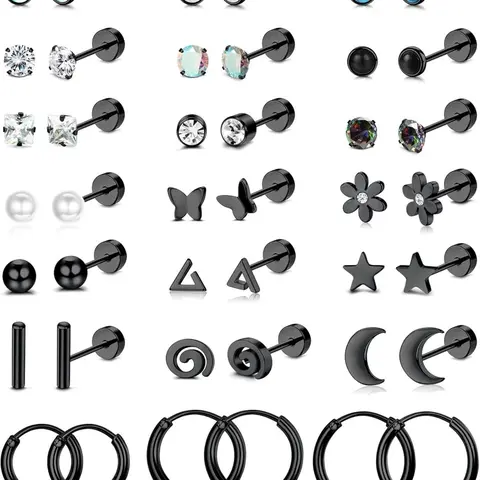 21Pairs Steel Flat Back Earrings Hypoallergenic 20G Screw Back Nap Stack Cartilage Earring Stacks Flat Back Studs