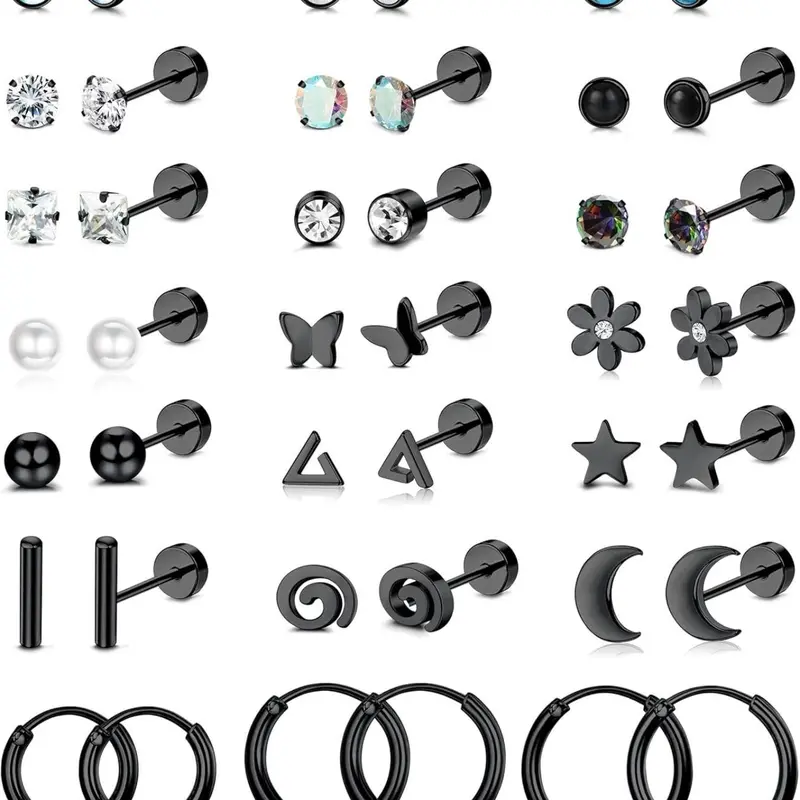 21Pairs Steel Flat Back Earrings Hypoallergenic 20G Screw Back Nap Stack Cartilage Earring Stacks Flat Back Studs