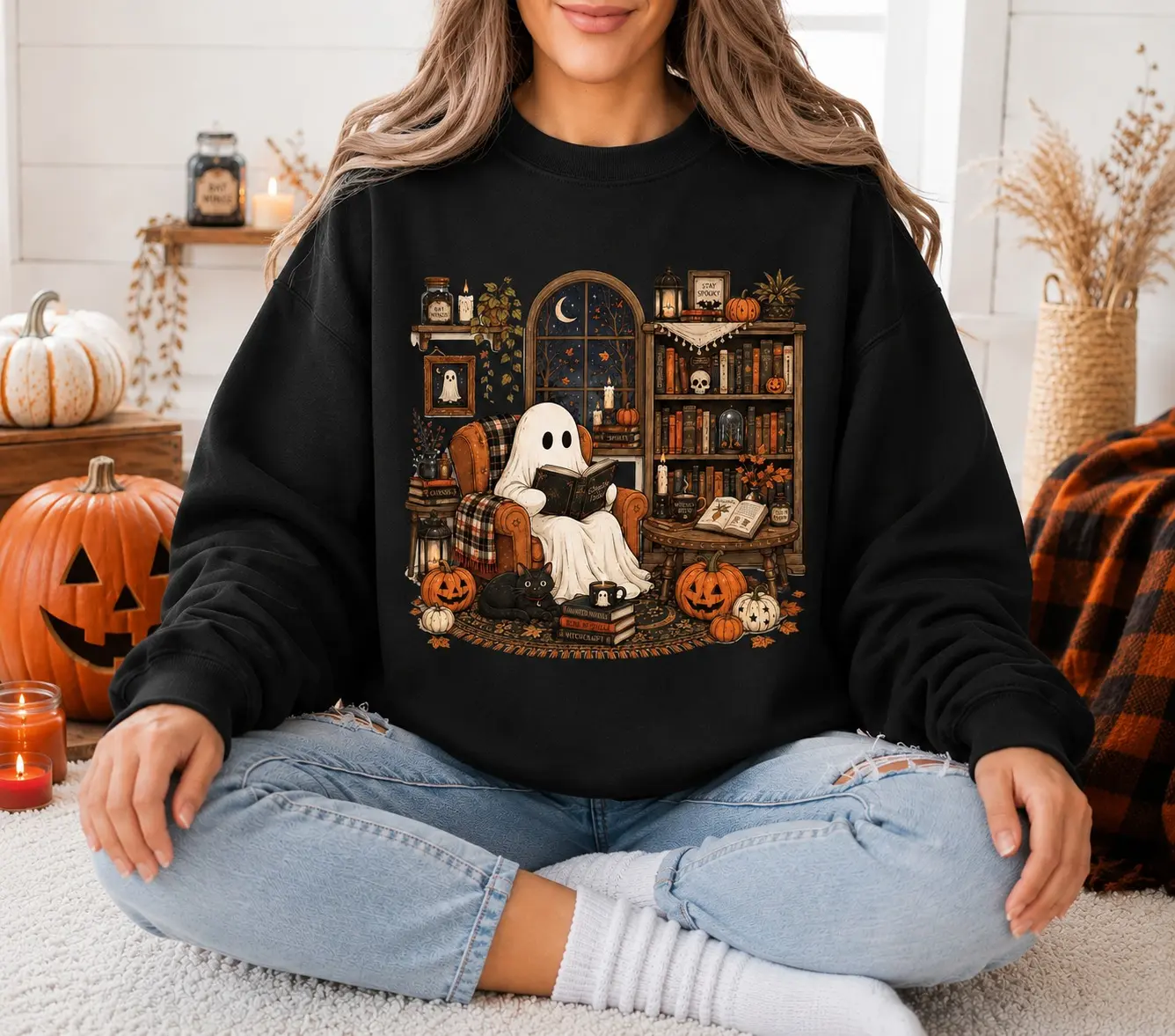 Ghost Reading Book Sweatshirt, Cozy Halloween Ghost Book Lover Sweatshirt Hoodie, Spooky Library Graphic Tee, Pumpkin Black Cat Fall Shirt, Cute Halloween Gift for Women