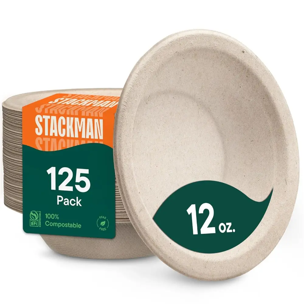 Paper Bowls, 100% Compostable Disposable Soup Bowl [125-Pack] 12 oz. Heavy Duty, Eco-Friendly, Biodegradable Bagasse Hot Food Plates and Bowls-Natural Brown (BPI Certified) (PFAS-Free)