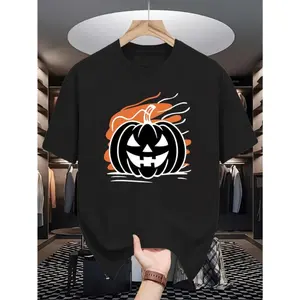 [100% Cotton] Men's Graphic TeesHalloween Men's Short-sleeved T-shirt- Yellow Pumpkin Flame Pattern Print Casual Round Neck Summer Top Light And Breathable Fabric Suitable For Adults Suitable For Halloween Party And Da  Golf Gift T-Shirt For Men and Women