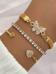 Elegant Sparkling Rhinestone Butterfly Heart Bracelet Set, 3 Piece Jewelry Collection, Perfect Gift for Women and Girls, Heart Charm Bracelet
