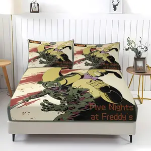 3 Piece Five Nights at Freddy's Bed Set with Printed Design, Includes 1 Bed Sheet and 2 Pillow Cases, Comfortable Bedding for Home and Gift