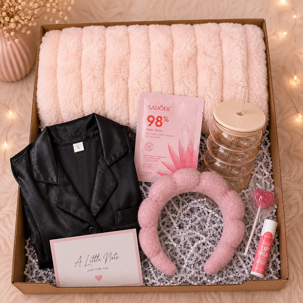 Cozy Pink Gift Box for Her – Pajama Size L, Plush Blanket, Tumbler & Self Care Set