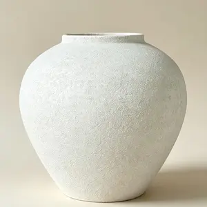 11 Inch Wide Textured Stone Look Metal Vase Large White Rustic Farmhouse Vase for Table Centerpiece Home Decor