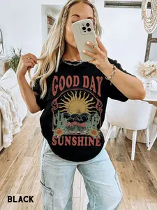 Women's Plus Size Retro 70s Bohemian T-Shirt - Good Day Sunshine Hippie Graphic Tee with Sun & Letter Print, 100% Cotton Breathable Short Sleeve Round Neck Top for Spring Summer Fall Casual Wear, Ladies T Shirts, Seasonal Fashion, Soft Fabric Shirt