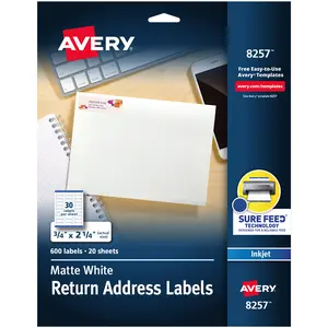 Avery Printable Return Address Labels, 0.75" x 2.25", Matte White, Sure Feed Technology, Inkjet Printer Compatible, 600 Blank Labels Total (8257)
