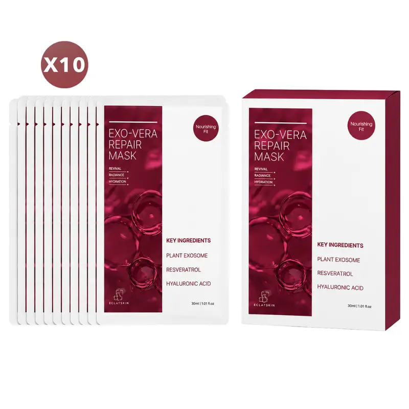 10 Pc KI Exosome Vera Repair Mask Revival Radiance Hydration Boost, Plant Exosome, Resveratrol, Hyaluronic Acid