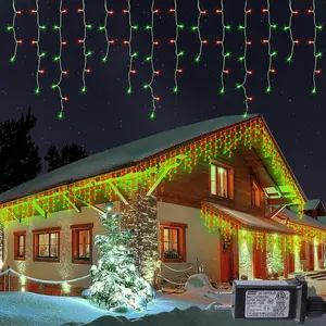 33FT 360L LED Christmas Icicle Lights Outdoor Waterproof,8 Modes Plug in Curtain String Lights with 60 Drops,Christmas Lights for Wedding,Party,Bedroom,Garden,Home,Wall Decorations(Red Green)