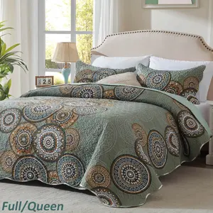 3-Piece Quilt Set - Full, Queen, King Size Mandala Pattern Bedspread Coverlet with 2 Pillow Shams - Oversized Green, Orange, Gray Bedding Set for All Seasons