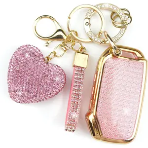 Key Fob Cover with Diamond Keychain Car Key Holder Compatible with Kia 2020-2022 Soul 2019-2021 Forte 2020-2021 Telluride K5 2021-2022 Seltos NIRO Sportage Sorento for Women (Pink-Heart)