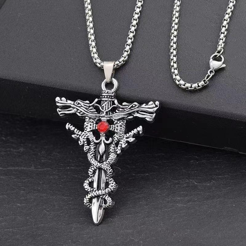 Cross Necklace for Men, Double Dragon Sword Pendant, Men's Unique Accessories, Vintage Fashion Accessories