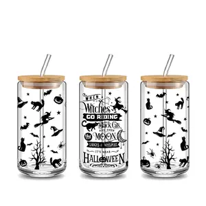 Mystical Halloween Witches Riding Design 16oz Glass Water Cup with Lid and Straw, Bamboo Lid Reusable Glass Drinking Cup, High-Quality Glass Jar Design, Suitable for Iced Coffee, Beer, Juice, Milk, Cold Drink Glass Cups, Fashionable Glassware