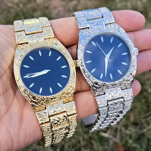 MaxBling81 Men's Wristwatch Iced Luxury Hip Hop Golden Nugget Design Bling Wrist Metal Shiny Fashion Black Face Watch Analog 42mm Gold/Silver