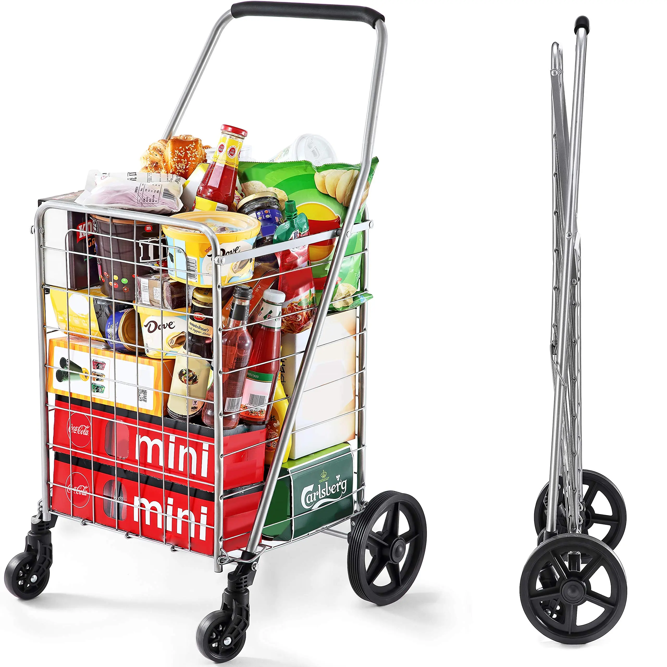 WELLMAX WM99024S Practical Lightweight Metal Shopping Cart - Easily Collapsible, 360° Swivel Wheels for Efficient Movement, Durable Construction, Compact Space-Saving Grocery Solution