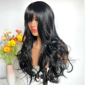Black Long Wavy Wig with Bangs for Women Natural Heat Resistant Synthetic Wig Soft Layered Curls for Everyday or Glam Look 180°C Heat Safe Adjustable Rose Net Cap body wavy wig woman synthetic hair