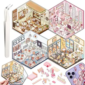 DIY 3D House Stickers, 4 Set Fun DIY Stickers Scene Make Your Own Warm Home, Supermarket, Coffee Shop, Music Bar, Cute 3D Cartoon Scene Stickers for Adult Kids Relief Stress Pass The Time (XMPLUS)