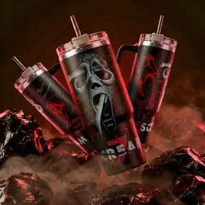 SCREAM 7 Ghostface "The Legacy Ends" Horror Movie Graphic Sayal 40 oz Vacuum Insulated Cup Straw Keeps Drinks Hot Cold 12H+ For Horror Lovers & Aesthetic Vibes Slasher Style Splash-Proof 18/8 Stainless Steel Comfort Handle Mug For Fans