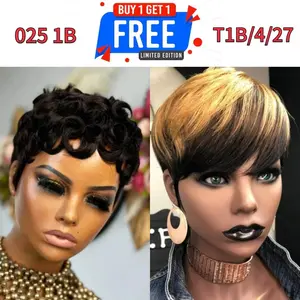 [Combo Sale] ShowReal Buy One Get Two Colorful Short Pixie Cut Wigs Virgin Human Hair With Bangs Full Machine Ready To Go Glueless Wig