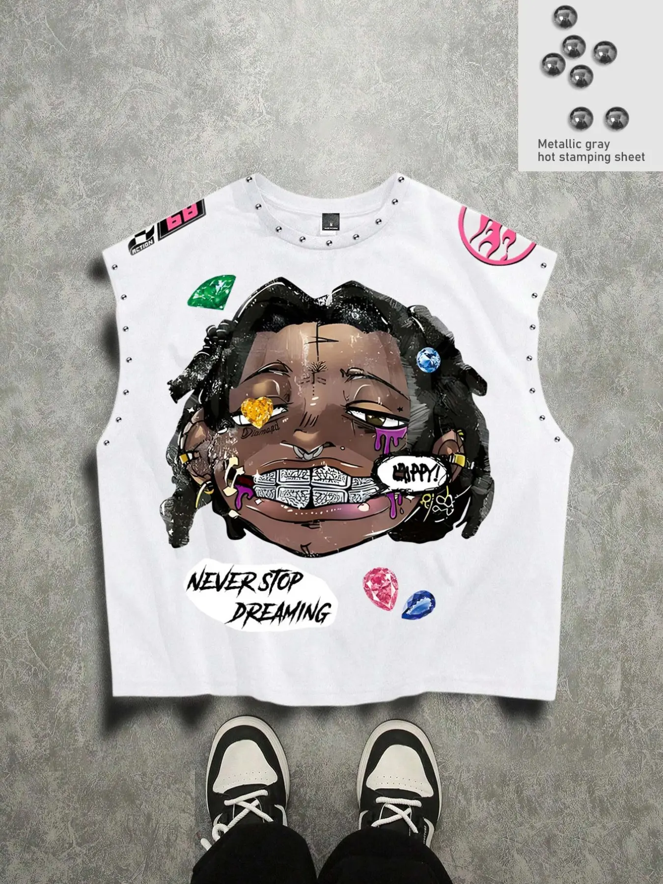 Y2K vest cartoon black dirty braid printed vest unisex metal foil summer vest rivet vest men's European and American street fashion brand sleeveless vest aesthetic geometry casual loose T-shirt men's hip-hop vest