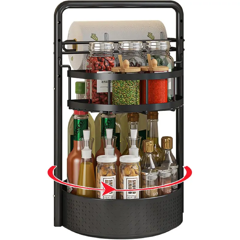 Rotating spice rack with tissue holder, double-layer rotating tray, kitchen countertop cabinet spice organizer, black
