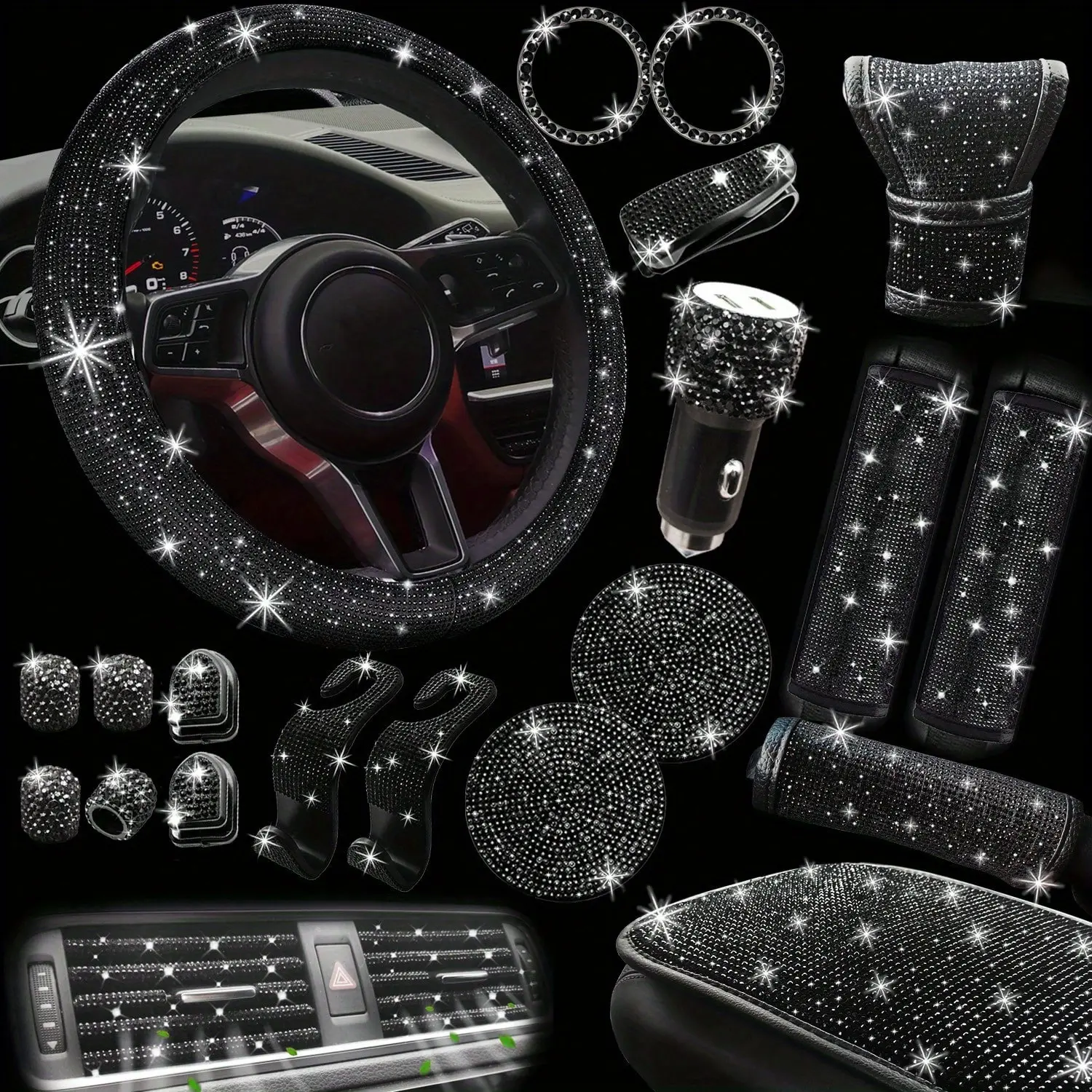YASEENLIN Women's Girly Car Interior Kit - 30pcs Black Rhinestone Sparkling Gems Accessories, Steering Wheel Cover, Coasters, Seat Belt Pads, Sticker for Cars, Gear Shift Cover, Dashboard Upgrade