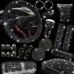 YASEENLIN Bling Car Accessories Set - 30pcs Black Rhinestone Decor for Women - Steering Wheel Cover, Coasters, Seat Belt Pads, Emblem Stickers, Gear Shift Cover, Dashboard Decor - Sparkling Interior Upgrade