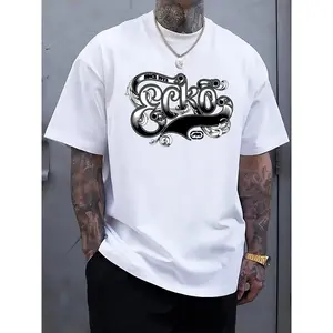 Men'S Casual Ecko Graphic Print T-Shirt - White, Short Sleeve, Round Neck, Regular Fit, Summer Holiday Tee with Intricate Black Design, Casual Wear|Graphic Print Tee|Slight Stretch Fabric