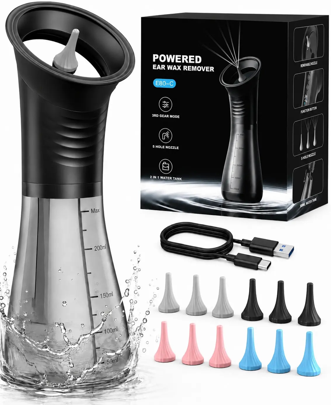 Rechargeable Electric Ear Wax Removal Kit with Water Spray, Built-in Waste Tank for Effective Daily Ear Care