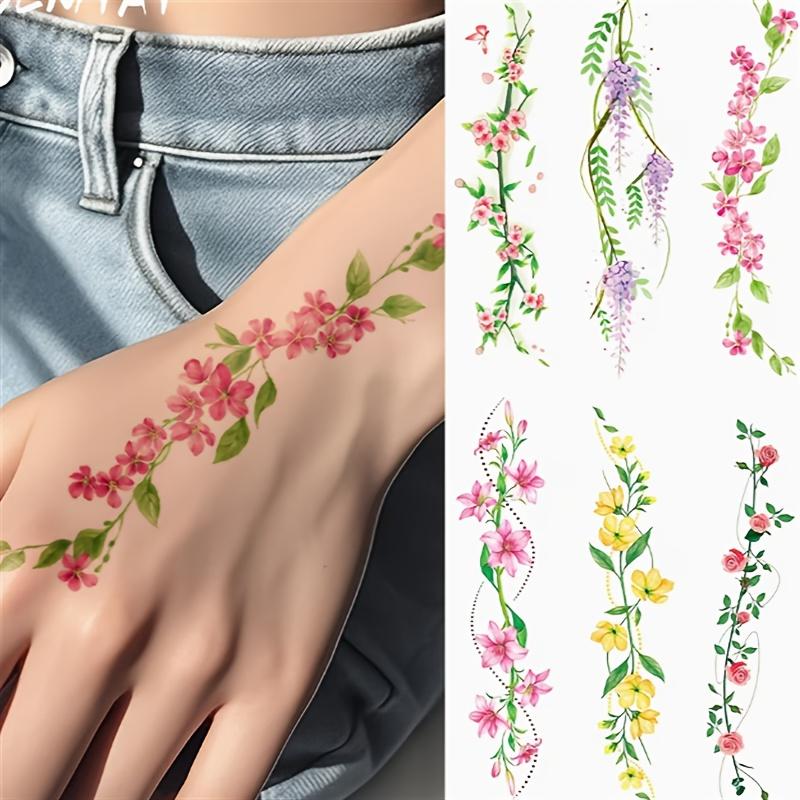 6 Sheets Fresh Delicate Flowers Waterproof Temporary Tattoo Stickers | Green Leaves, Flowers Entwined Around Wrist, Totem Body Art for Arm