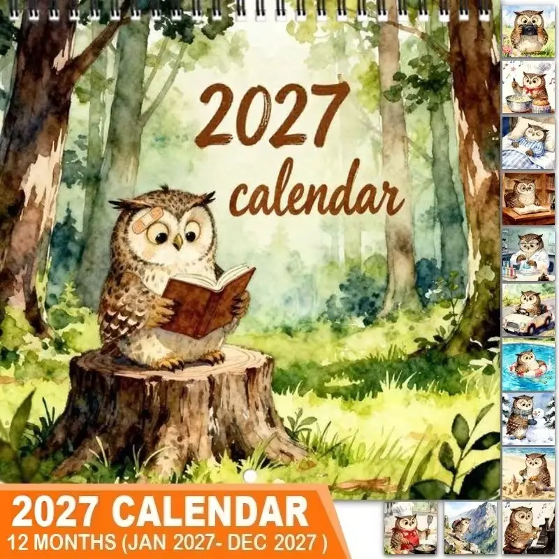 2027 12-Month Owl Plan Wall Calendar, Featuring Adorable and Fun Owl Illustrations, Printed on Thick Spiral-bound Double-sided Laminated Paper, Suitable for Both Home and Office Use, a Great Gift for Christmas and New Year, with an