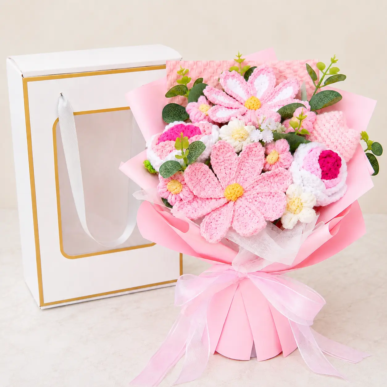 Handmade Crochet Flower Bouquet with Gift Bag, Pink Yarn Flower Arrangement, Knitted Flowers Gift for Her, Valentine's Day, Mother's Day, Christmas, Halloween, Birthday Decor