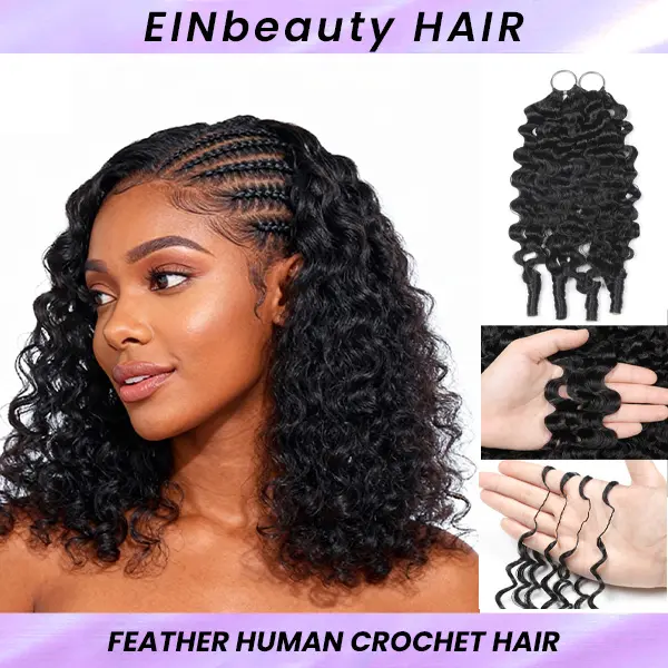 New 2026 ElNbeauty Burmese Curl Feather CrochetHuman Hair Bundles, Lightweight Pre-Separated SuperInvisibly Knot and Durable Reusable Natural Black 100%Human Hair 16-24inches Optional