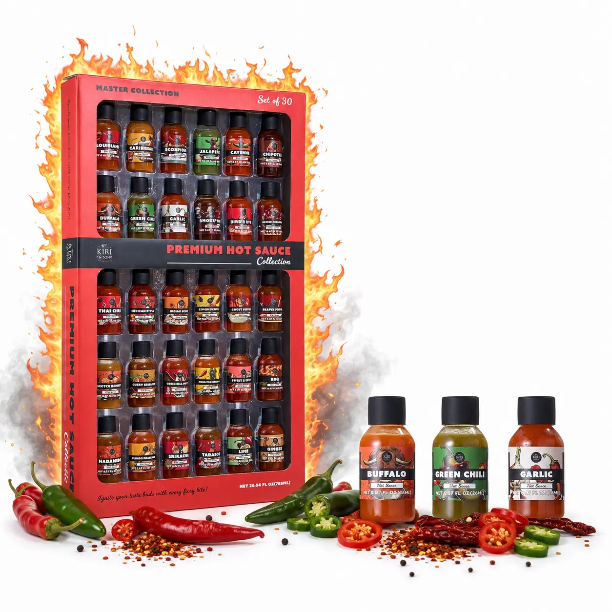 Hot Sauce Gift Set 30 Pack Gourmet Spicy Sampler Variety BBQ Grill Toppings