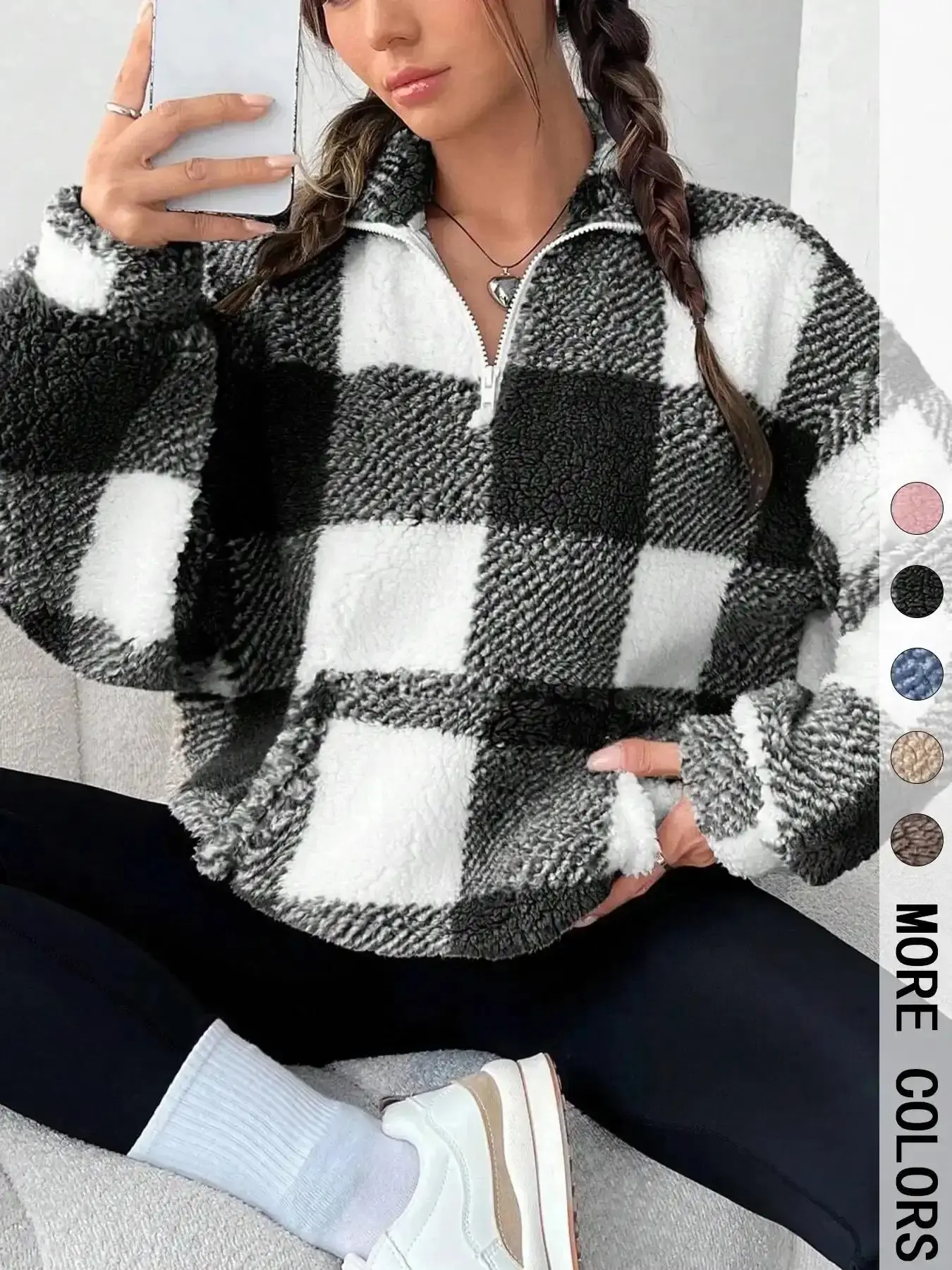 Women's Sophisticated Plaid Print Half Zip Drop Shoulder Fleece Sweatshirt, Casual Style Long Sleeve Stand Collar Pullover for Spring & Fall, Ladies Clothes for Daily Wear, effortless layering, chic everyday