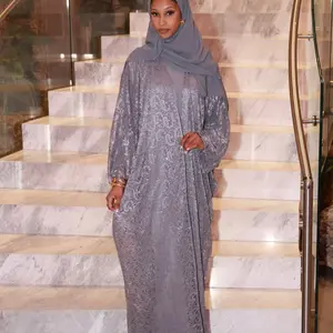 Lace abaya with hijab and underdress rhinestone
