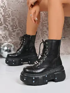 Women's Y2K Punk Style Thick Sole Sneakers, Lace-Up Combat Boots with Rivets, Unisex Streetwear & Cycling Shoes, All Seasons