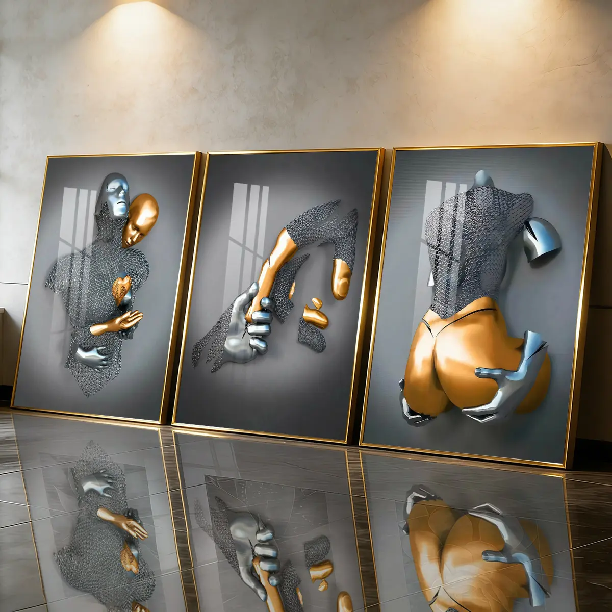 3Pcs Aluminum Alloy Framed Painting, Abstract Metal Human Sculpture Art Picture, Home Decoration For Living Room, Bedroom, Office, Restaurant, Hallway Wall Decor, Odorless Print Artwork, Luxury Perfect Gift For Friends And Family
