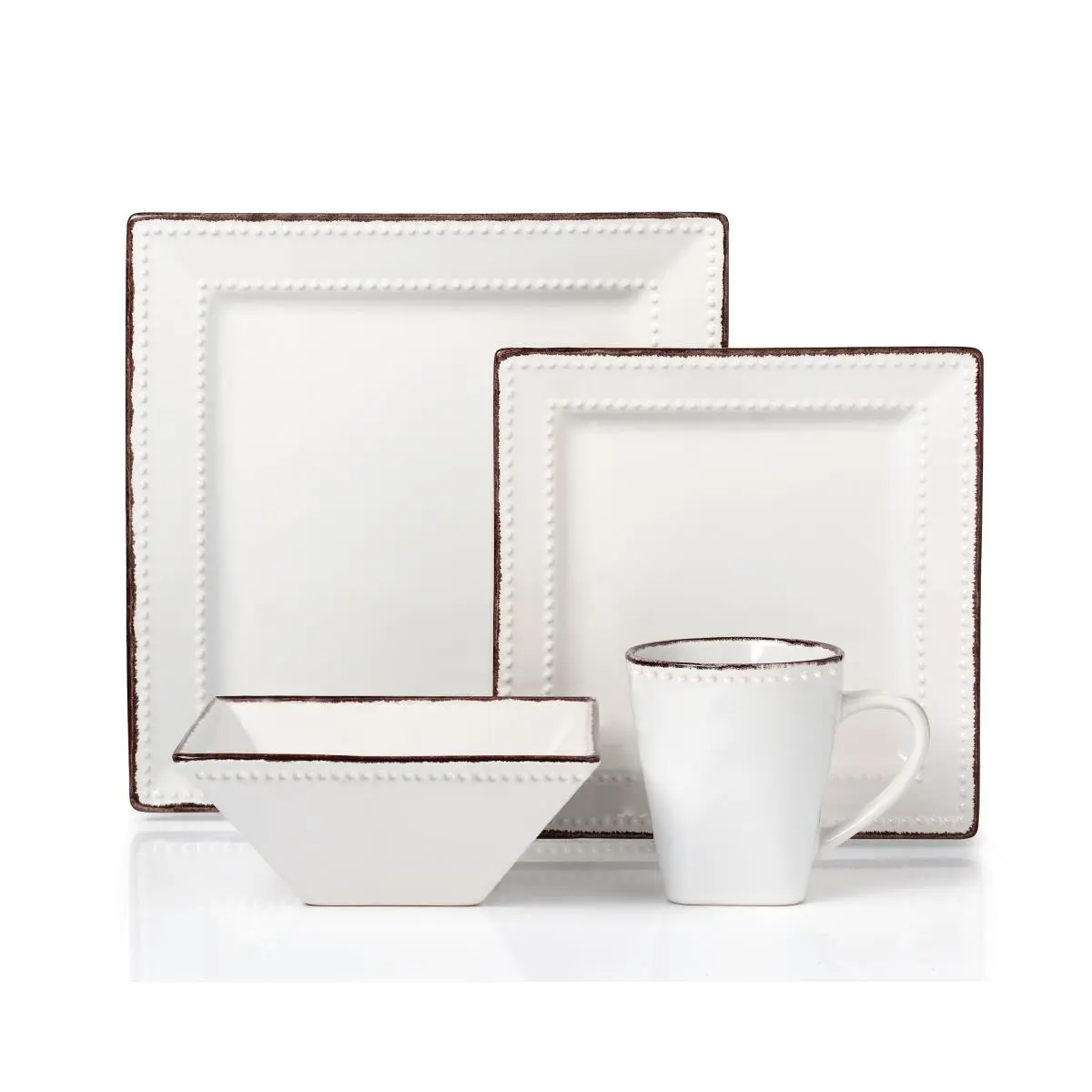 212 MAIN 16-Piece Sturdy Square Double Beads Stoneware Dinner Set - 20oz Mugs, White Plates, Bowls, Modern Frame for Dinner Use, Dinner Sets