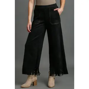 Umgee Full Size Suede Fringe Hem Wide Leg Pants Plus Size