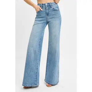 Risen High Waist Wide Front Yoke Detailed Jeans 21020, Stretchy Cotton Denim Wide Leg Womenswear Bottom Denim