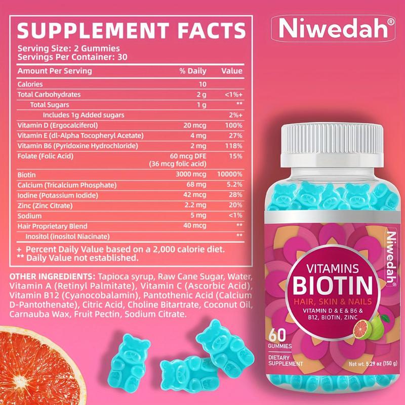Niwedah Optimum Biotin 3,000mcg Gummies - 60 Count Dietary Supplement for Hair Skin and Nails, Healthcare Vitamin for Strength & Growth, Fitness Wellness Support, Edible Berry Chews for Men & Women
